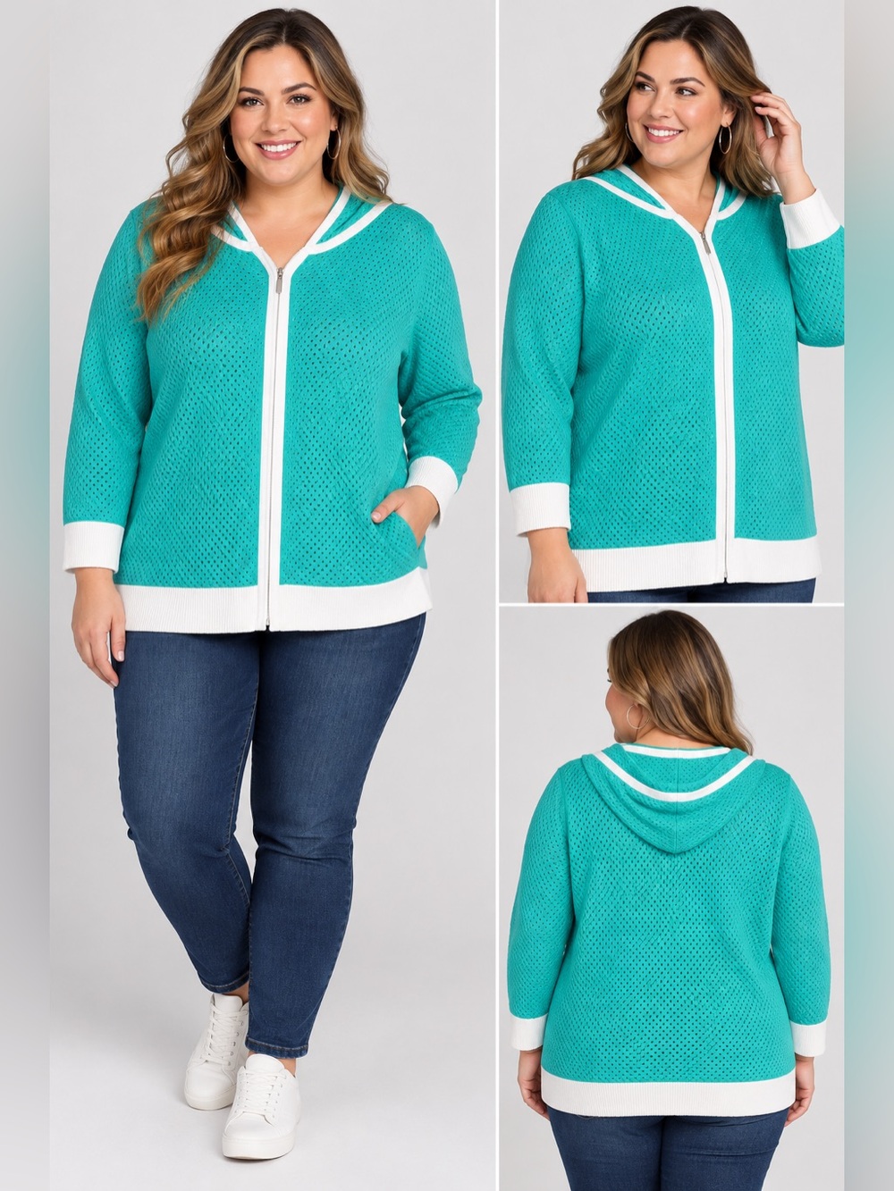 Seafoam Zip-Front Hooded Sweater with White Trim, 3/4 Sleeves, & Hooded